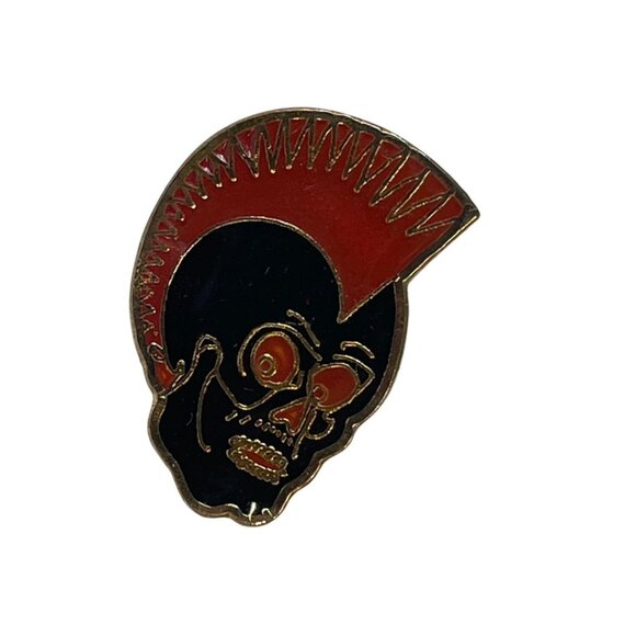 Punk Rock Mohawk Skeleton Enamel Pin Rubber Backer Red/Black Skeleton Skull - Picture 1 of 2